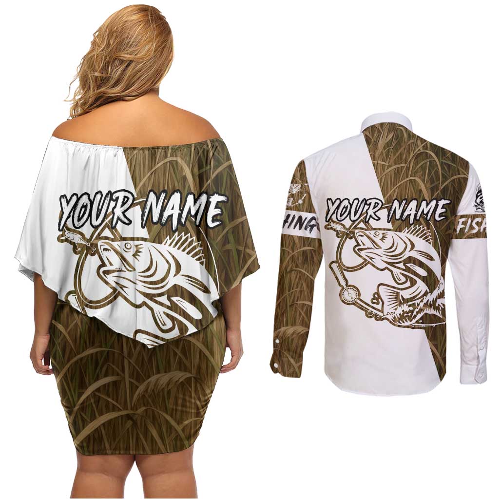 Walleye Fishing Couples Matching Off Shoulder Short Dress and Long Sleeve Button Shirt with Reeds Background and Custom Name Design - Wonder Print Shop