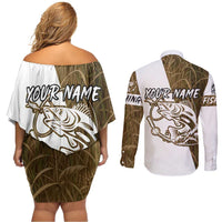 Walleye Fishing Couples Matching Off Shoulder Short Dress and Long Sleeve Button Shirt with Reeds Background and Custom Name Design - Wonder Print Shop