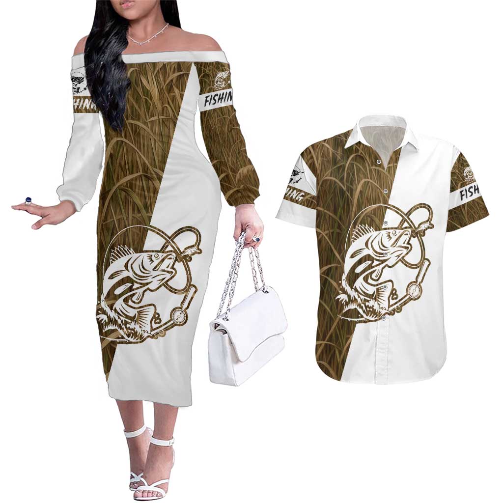 Walleye Fishing Couples Matching Off The Shoulder Long Sleeve Dress and Hawaiian Shirt with Reeds Background and Custom Name Design - Wonder Print Shop