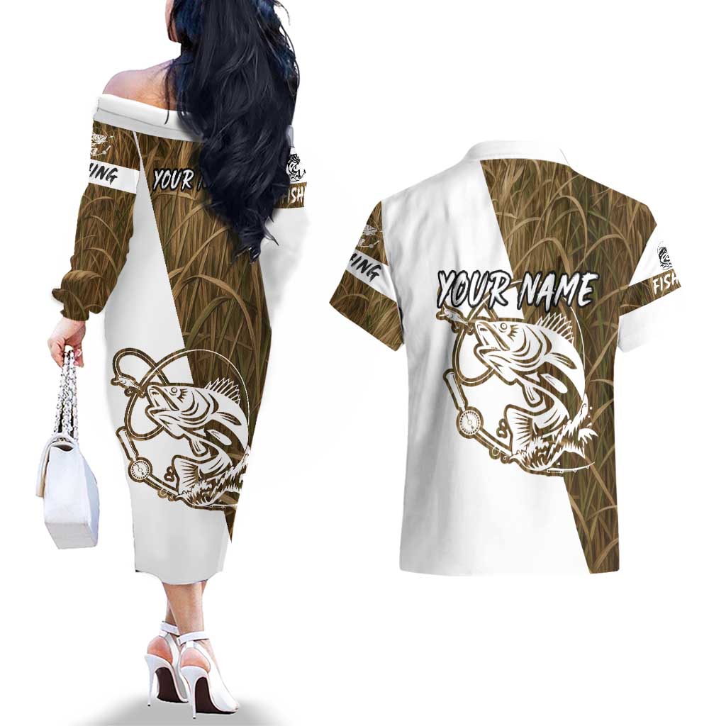Walleye Fishing Couples Matching Off The Shoulder Long Sleeve Dress and Hawaiian Shirt with Reeds Background and Custom Name Design - Wonder Print Shop