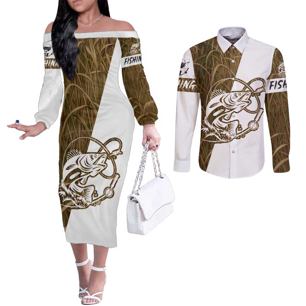 Walleye Fishing Couples Matching Off The Shoulder Long Sleeve Dress and Long Sleeve Button Shirt with Reeds Background and Custom Name Design - Wonder Print Shop