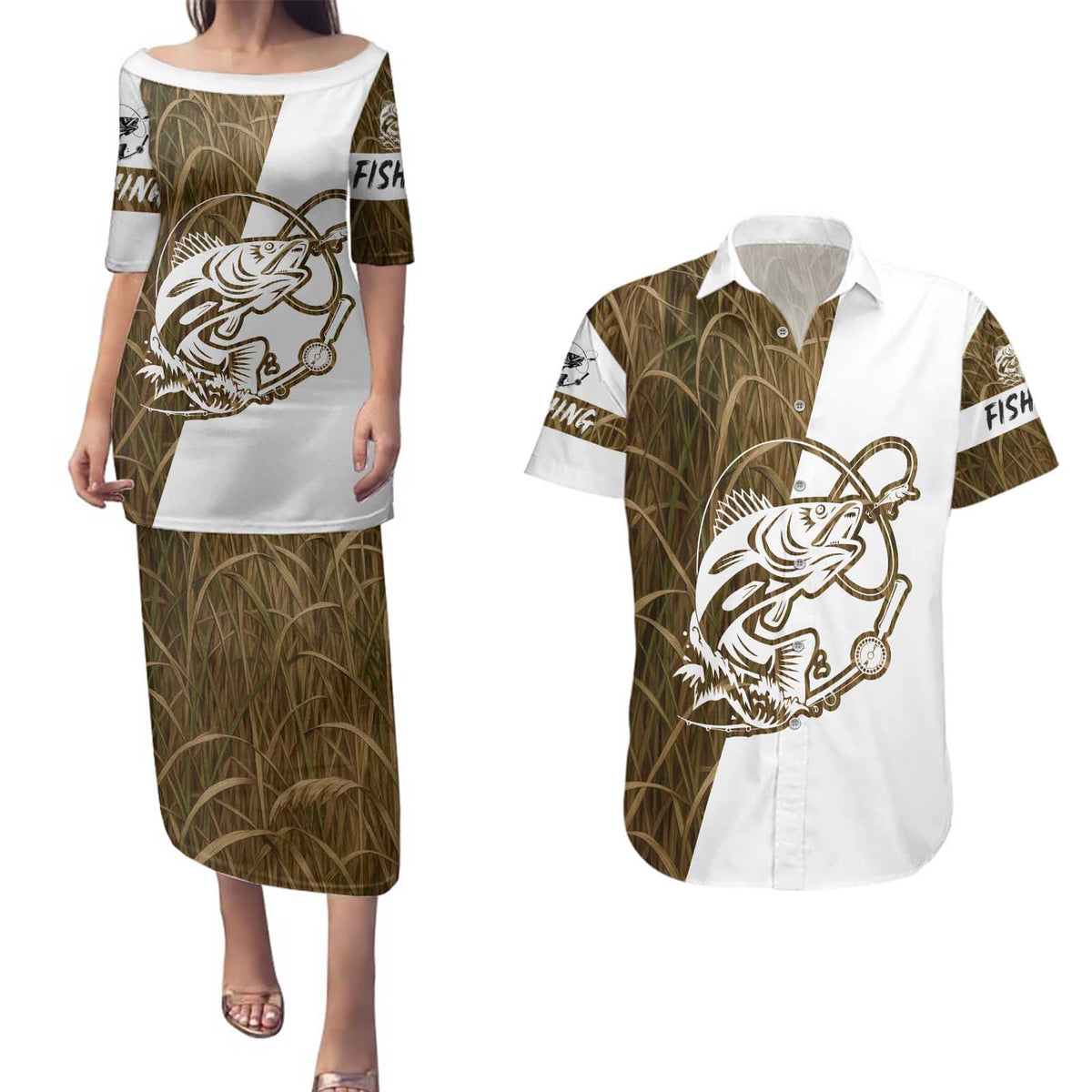 Walleye Fishing Couples Matching Puletasi and Hawaiian Shirt with Reeds Background and Custom Name Design - Wonder Print Shop