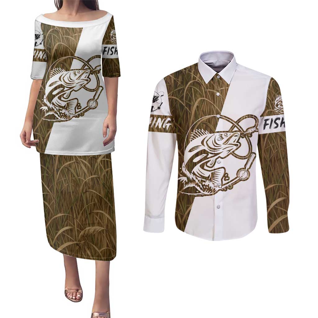 Walleye Fishing Couples Matching Puletasi and Long Sleeve Button Shirt with Reeds Background and Custom Name Design - Wonder Print Shop