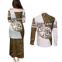 Walleye Fishing Couples Matching Puletasi and Long Sleeve Button Shirt with Reeds Background and Custom Name Design - Wonder Print Shop