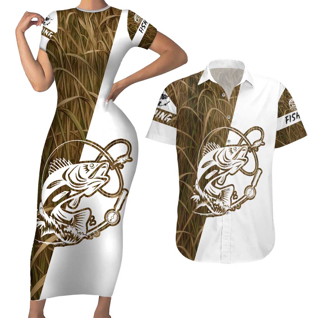 Walleye Fishing Couples Matching Short Sleeve Bodycon Dress and Hawaiian Shirt with Reeds Background and Custom Name Design - Wonder Print Shop