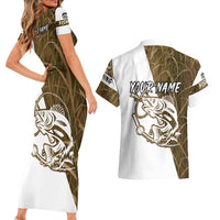 Walleye Fishing Couples Matching Short Sleeve Bodycon Dress and Hawaiian Shirt with Reeds Background and Custom Name Design - Wonder Print Shop