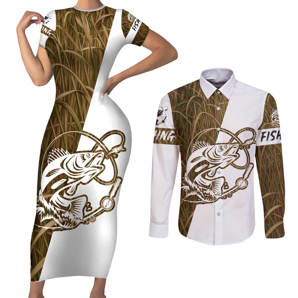 Walleye Fishing Couples Matching Short Sleeve Bodycon Dress and Long Sleeve Button Shirt with Reeds Background and Custom Name Design - Wonder Print Shop