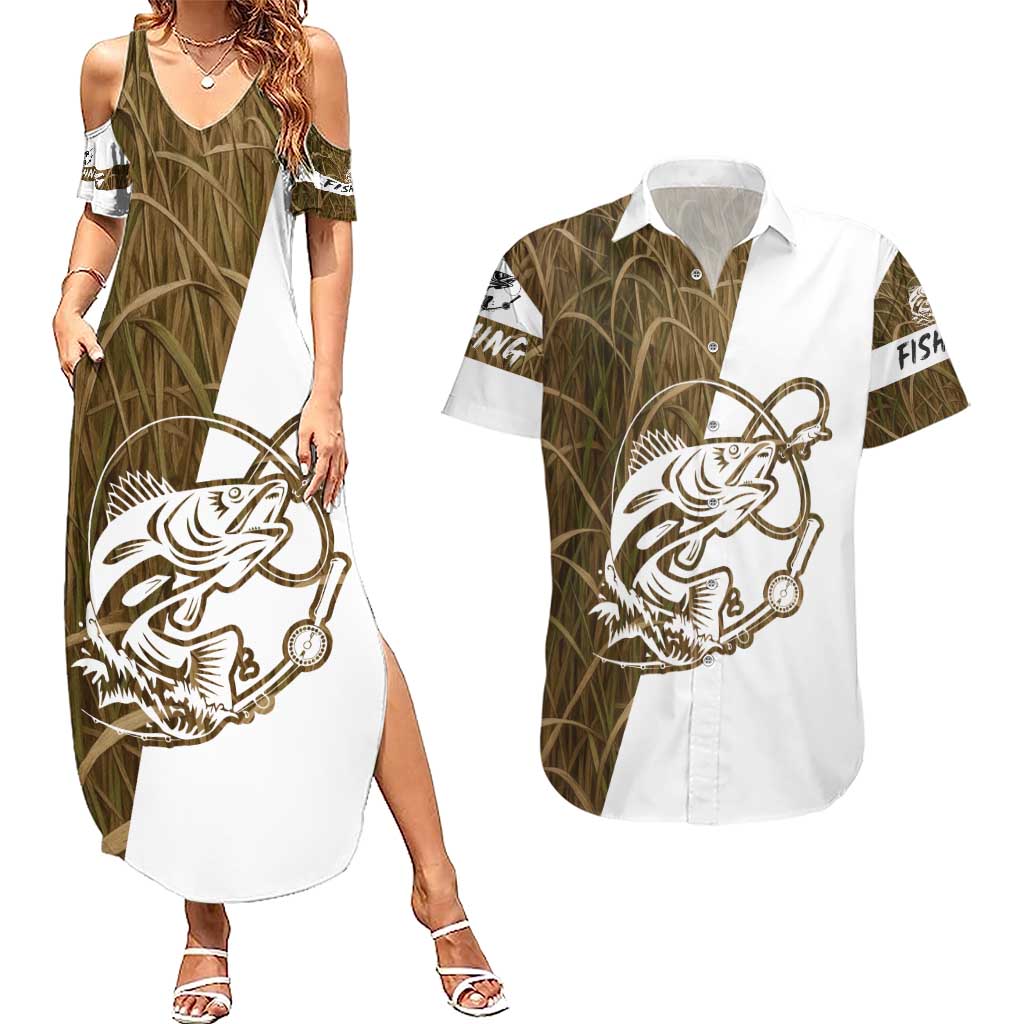 Walleye Fishing Couples Matching Summer Maxi Dress and Hawaiian Shirt with Reeds Background and Custom Name Design - Wonder Print Shop