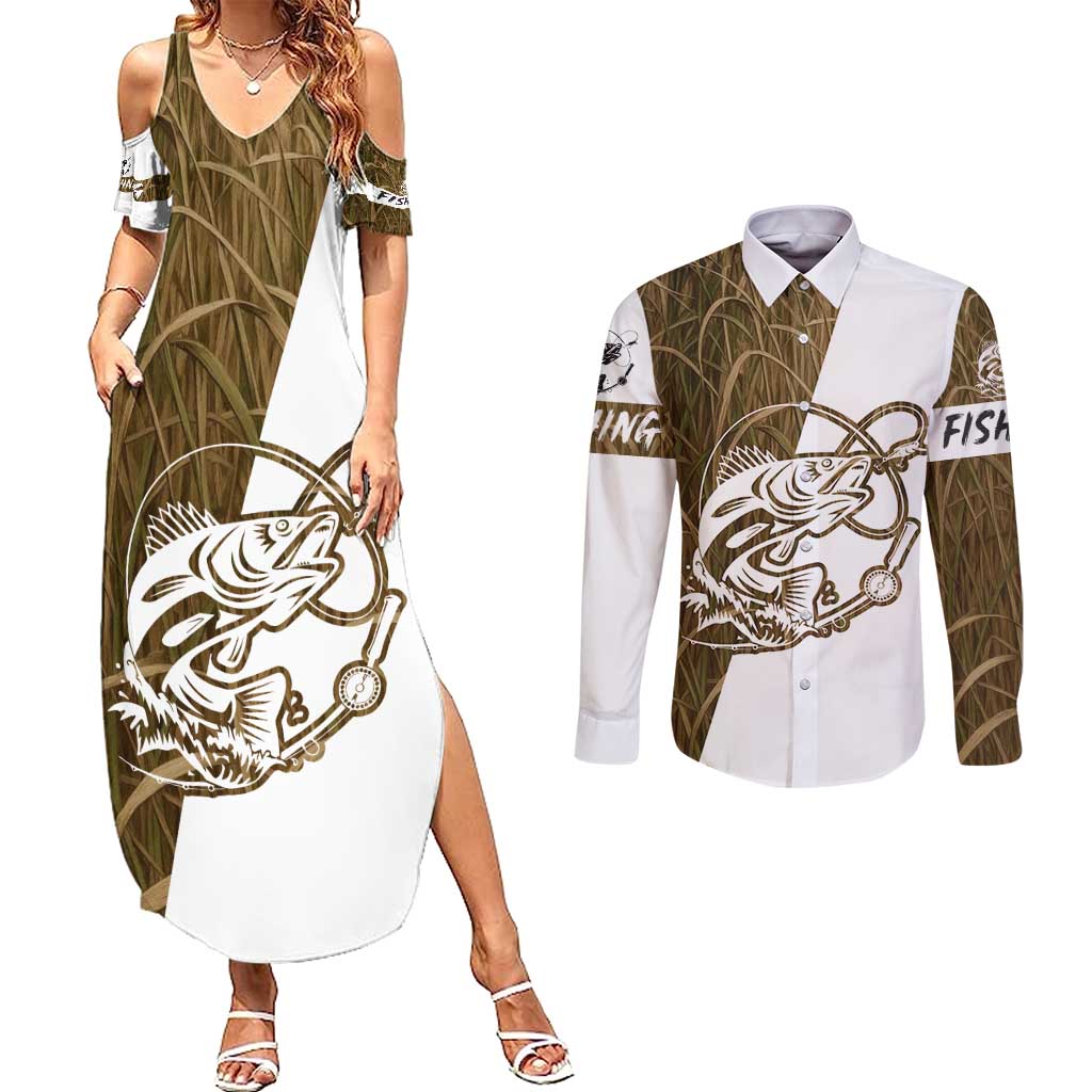 Walleye Fishing Couples Matching Summer Maxi Dress and Long Sleeve Button Shirt with Reeds Background and Custom Name Design - Wonder Print Shop