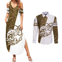 Walleye Fishing Couples Matching Summer Maxi Dress and Long Sleeve Button Shirt with Reeds Background and Custom Name Design - Wonder Print Shop