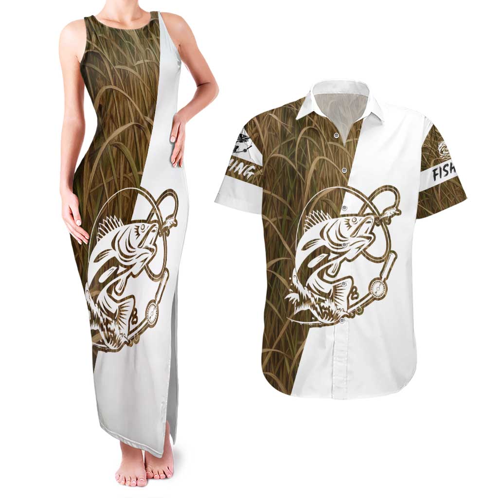 Walleye Fishing Couples Matching Tank Maxi Dress and Hawaiian Shirt with Reeds Background and Custom Name Design - Wonder Print Shop