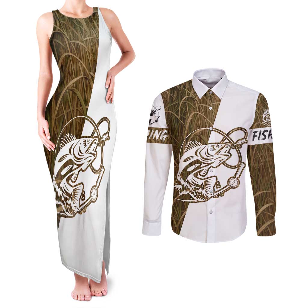 Walleye Fishing Couples Matching Tank Maxi Dress and Long Sleeve Button Shirt with Reeds Background and Custom Name Design - Wonder Print Shop