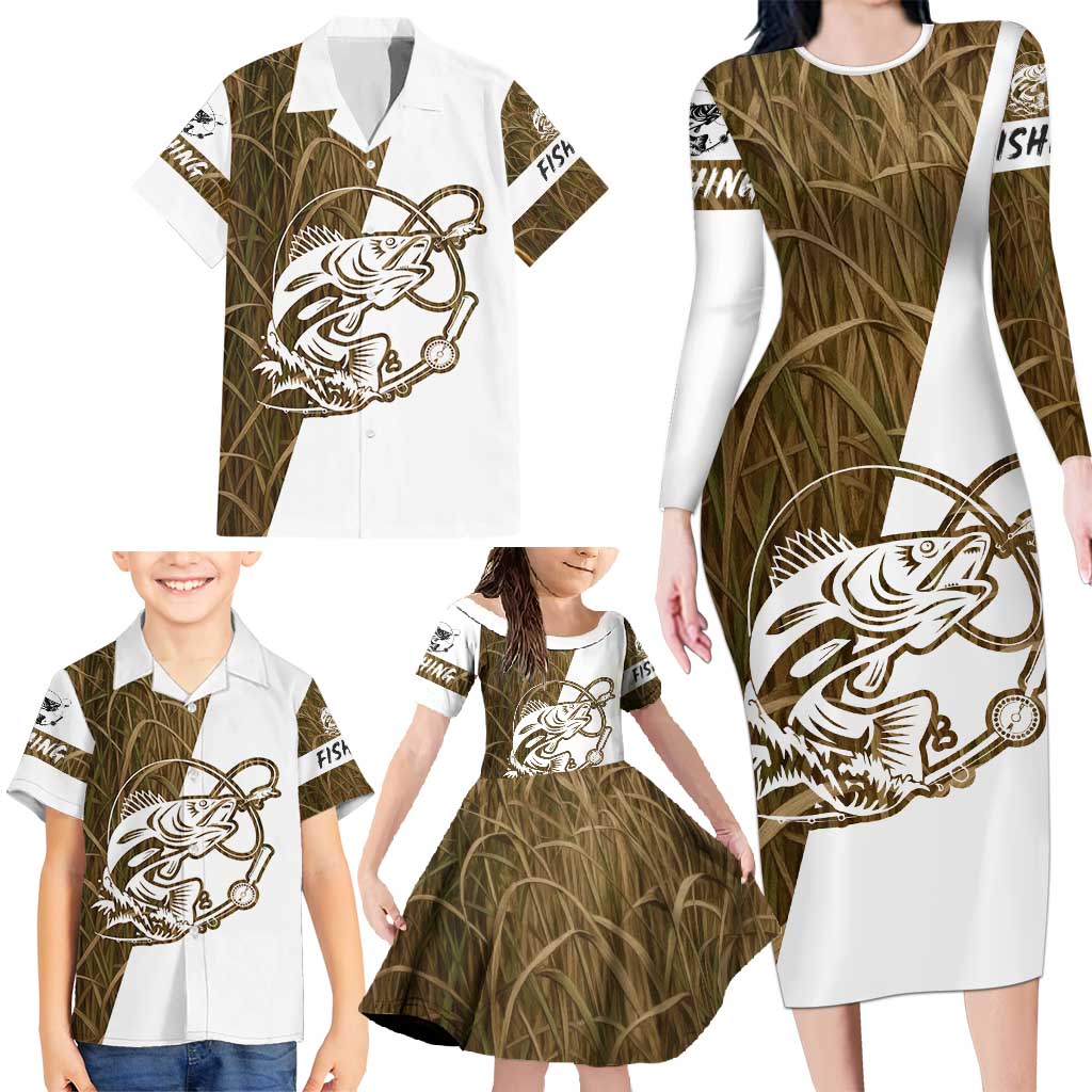 Walleye Fishing Family Matching Long Sleeve Bodycon Dress and Hawaiian Shirt with Reeds Background and Custom Name Design - Wonder Print Shop