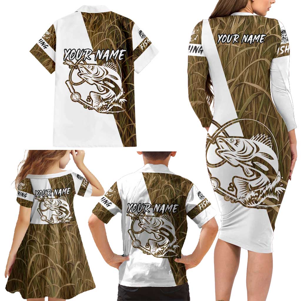 Walleye Fishing Family Matching Long Sleeve Bodycon Dress and Hawaiian Shirt with Reeds Background and Custom Name Design - Wonder Print Shop