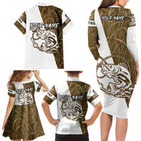 Walleye Fishing Family Matching Long Sleeve Bodycon Dress and Hawaiian Shirt with Reeds Background and Custom Name Design - Wonder Print Shop