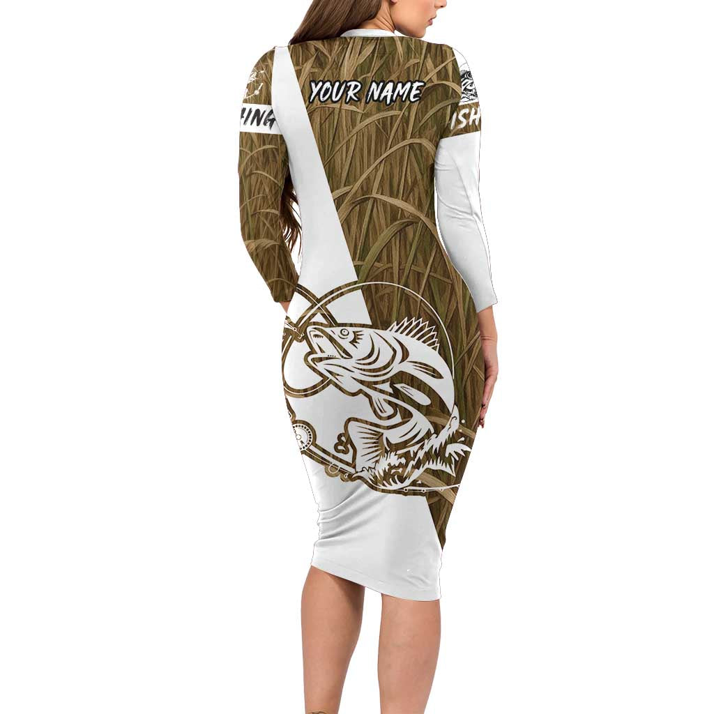 Walleye Fishing Family Matching Long Sleeve Bodycon Dress and Hawaiian Shirt with Reeds Background and Custom Name Design - Wonder Print Shop