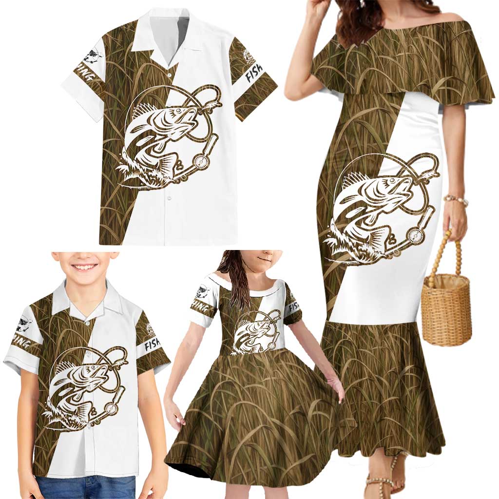 Walleye Fishing Family Matching Mermaid Dress and Hawaiian Shirt with Reeds Background and Custom Name Design - Wonder Print Shop