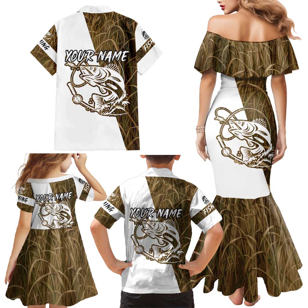 Walleye Fishing Family Matching Mermaid Dress and Hawaiian Shirt with Reeds Background and Custom Name Design - Wonder Print Shop