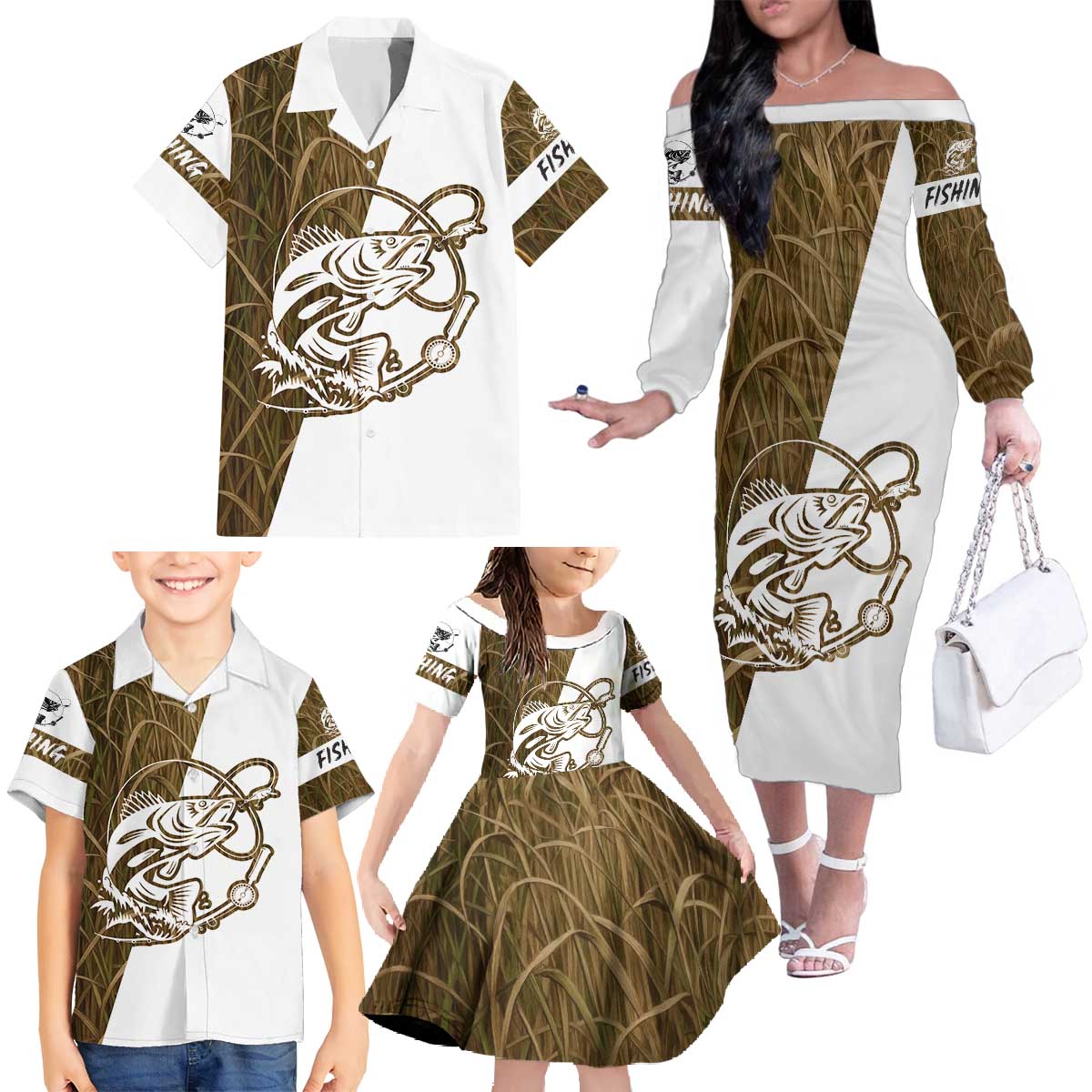 Walleye Fishing Family Matching Off The Shoulder Long Sleeve Dress and Hawaiian Shirt with Reeds Background and Custom Name Design - Wonder Print Shop