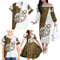 Walleye Fishing Family Matching Off The Shoulder Long Sleeve Dress and Hawaiian Shirt with Reeds Background and Custom Name Design - Wonder Print Shop