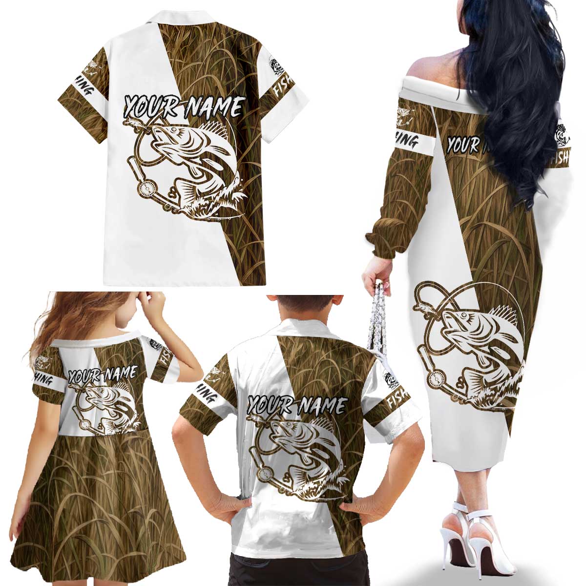 Walleye Fishing Family Matching Off The Shoulder Long Sleeve Dress and Hawaiian Shirt with Reeds Background and Custom Name Design - Wonder Print Shop