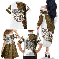 Walleye Fishing Family Matching Off The Shoulder Long Sleeve Dress and Hawaiian Shirt with Reeds Background and Custom Name Design - Wonder Print Shop