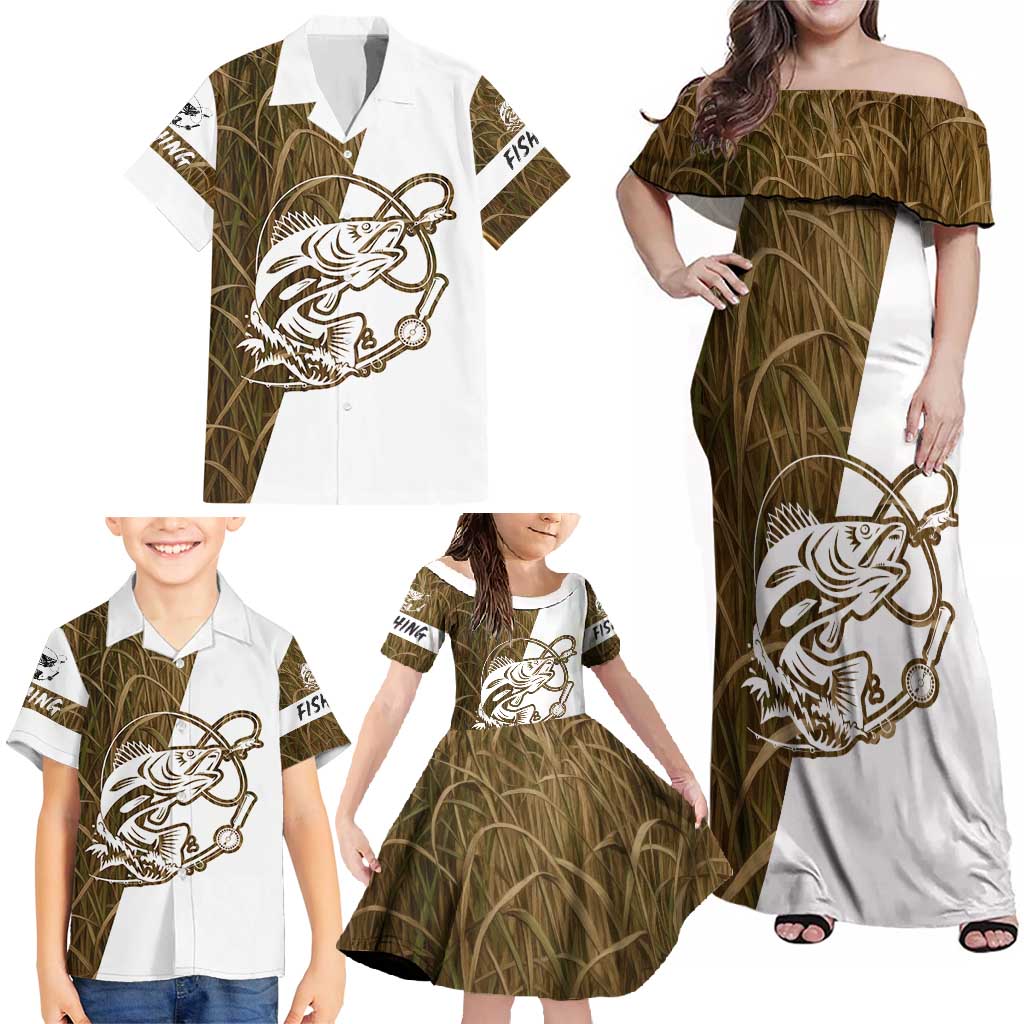 Walleye Fishing Family Matching Off Shoulder Maxi Dress and Hawaiian Shirt with Reeds Background and Custom Name Design - Wonder Print Shop