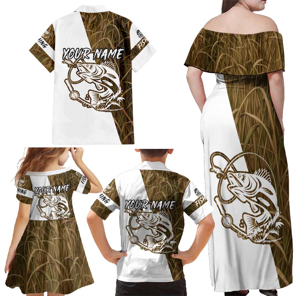 Walleye Fishing Family Matching Off Shoulder Maxi Dress and Hawaiian Shirt with Reeds Background and Custom Name Design - Wonder Print Shop