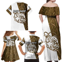 Walleye Fishing Family Matching Off Shoulder Maxi Dress and Hawaiian Shirt with Reeds Background and Custom Name Design - Wonder Print Shop