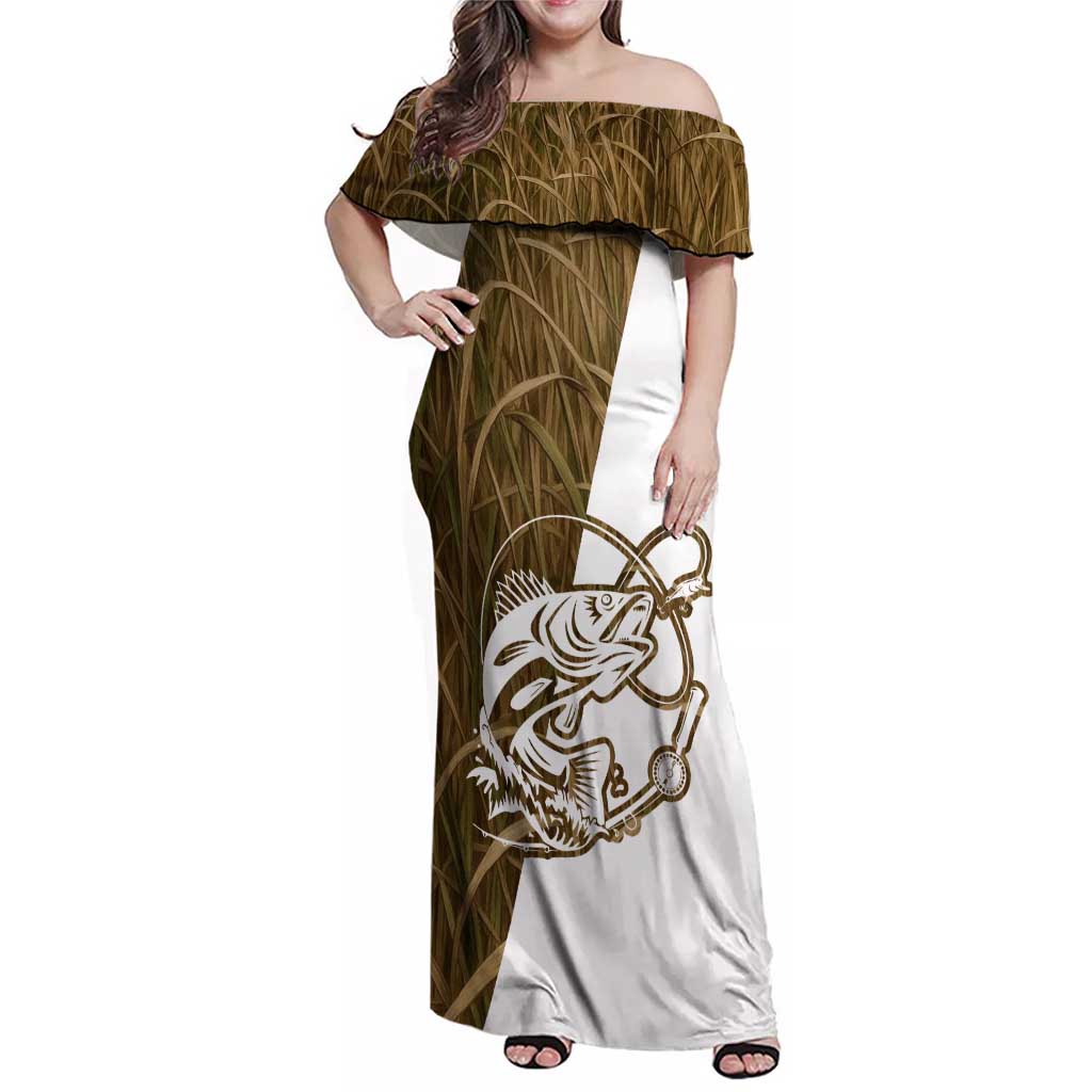 Walleye Fishing Family Matching Off Shoulder Maxi Dress and Hawaiian Shirt with Reeds Background and Custom Name Design - Wonder Print Shop