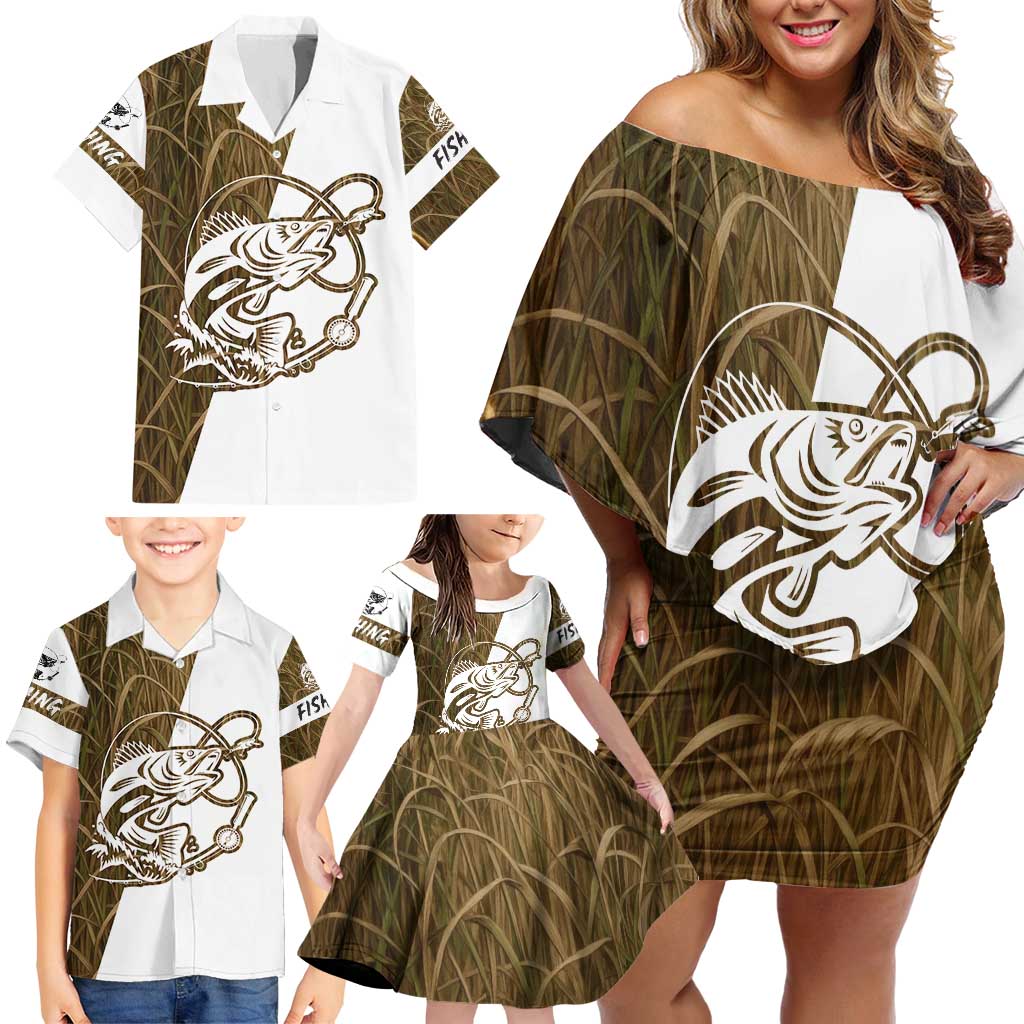 Walleye Fishing Family Matching Off Shoulder Short Dress and Hawaiian Shirt with Reeds Background and Custom Name Design - Wonder Print Shop