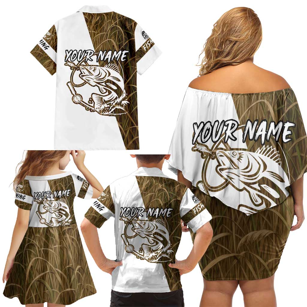 Walleye Fishing Family Matching Off Shoulder Short Dress and Hawaiian Shirt with Reeds Background and Custom Name Design - Wonder Print Shop