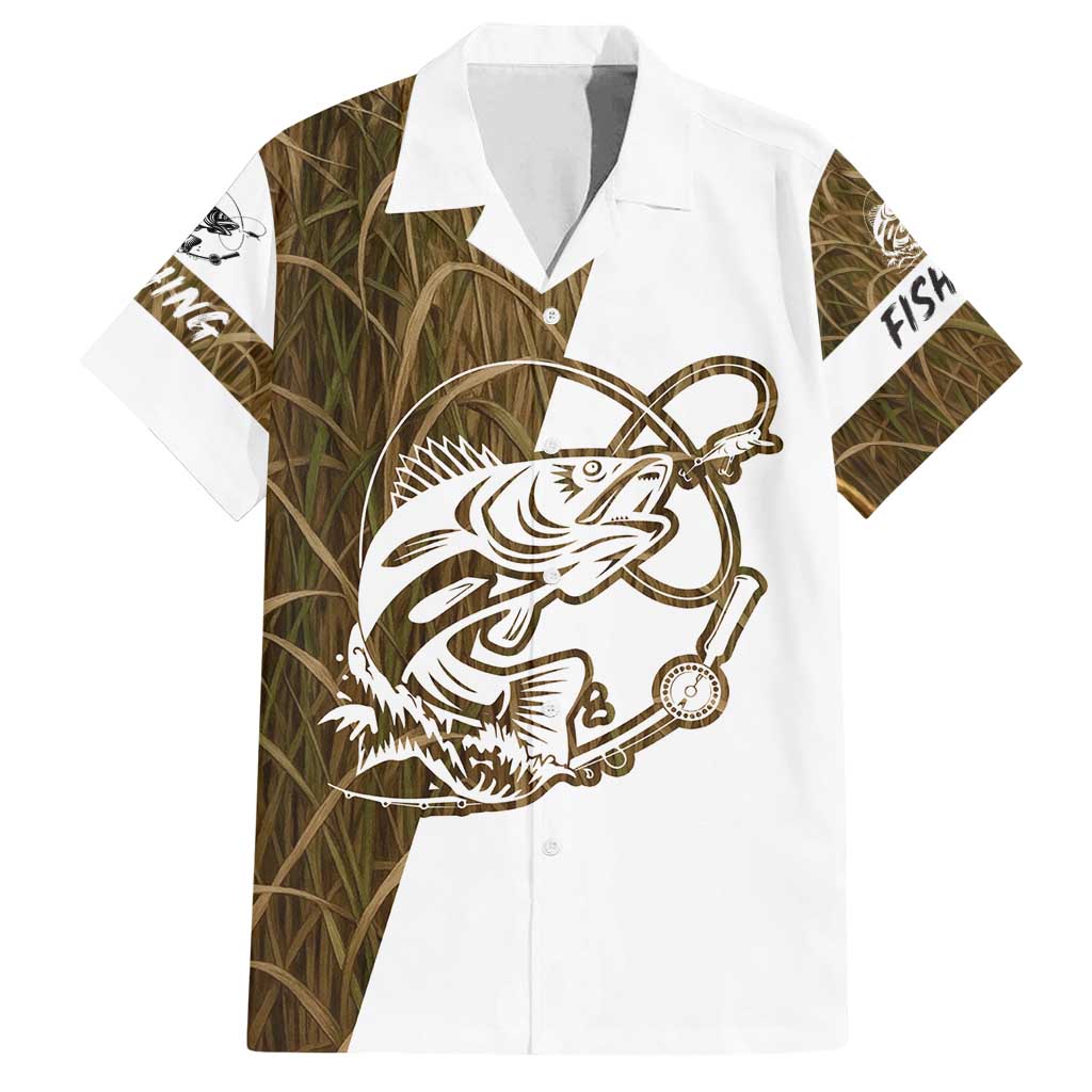 Walleye Fishing Family Matching Off Shoulder Short Dress and Hawaiian Shirt with Reeds Background and Custom Name Design - Wonder Print Shop