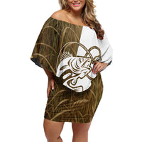 Walleye Fishing Family Matching Off Shoulder Short Dress and Hawaiian Shirt with Reeds Background and Custom Name Design - Wonder Print Shop