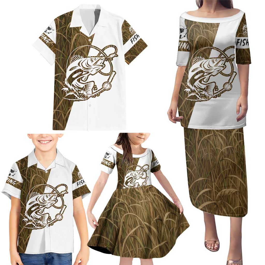 Walleye Fishing Family Matching Puletasi and Hawaiian Shirt with Reeds Background and Custom Name Design - Wonder Print Shop