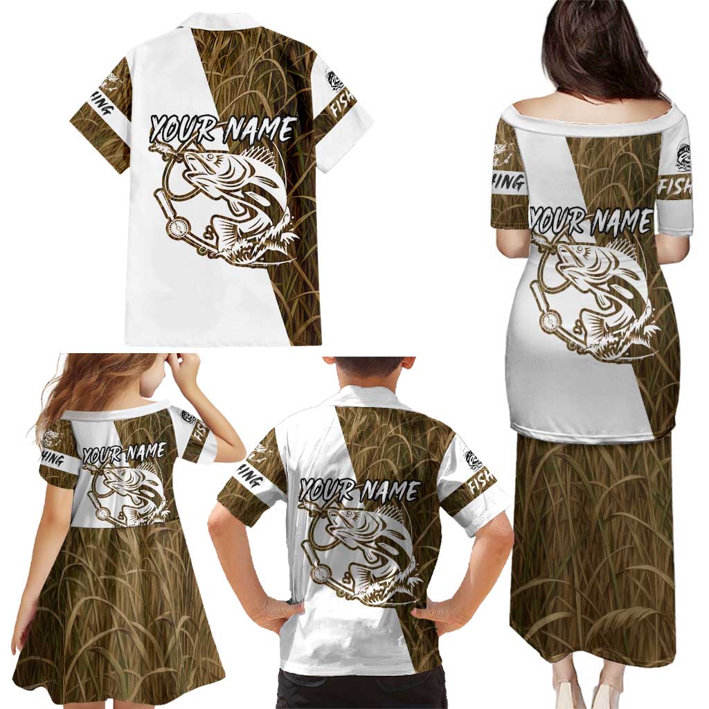 Walleye Fishing Family Matching Puletasi and Hawaiian Shirt with Reeds Background and Custom Name Design - Wonder Print Shop