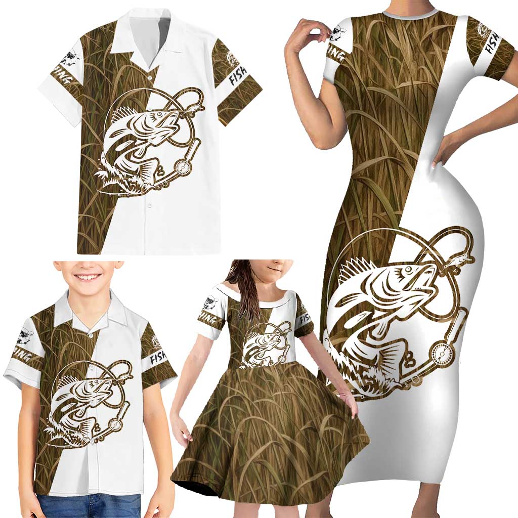 Walleye Fishing Family Matching Short Sleeve Bodycon Dress and Hawaiian Shirt with Reeds Background and Custom Name Design - Wonder Print Shop