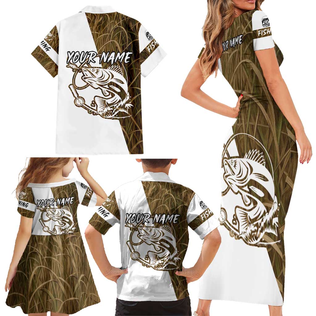 Walleye Fishing Family Matching Short Sleeve Bodycon Dress and Hawaiian Shirt with Reeds Background and Custom Name Design - Wonder Print Shop