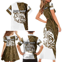 Walleye Fishing Family Matching Short Sleeve Bodycon Dress and Hawaiian Shirt with Reeds Background and Custom Name Design - Wonder Print Shop