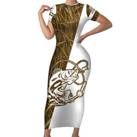 Walleye Fishing Family Matching Short Sleeve Bodycon Dress and Hawaiian Shirt with Reeds Background and Custom Name Design - Wonder Print Shop