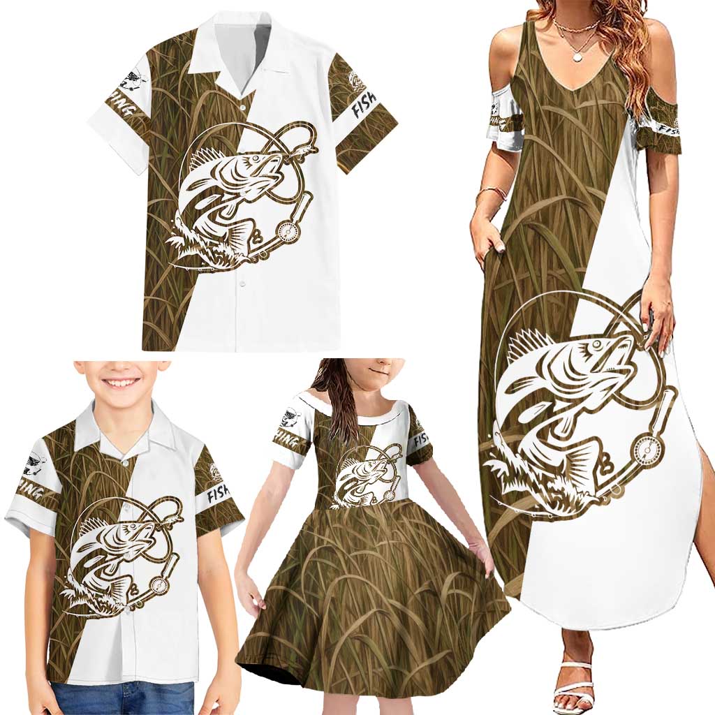 Walleye Fishing Family Matching Summer Maxi Dress and Hawaiian Shirt with Reeds Background and Custom Name Design - Wonder Print Shop
