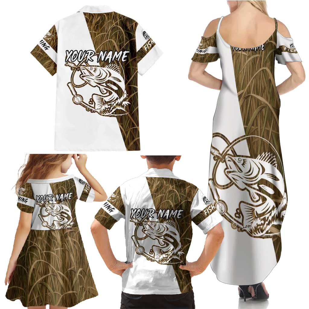 Walleye Fishing Family Matching Summer Maxi Dress and Hawaiian Shirt with Reeds Background and Custom Name Design - Wonder Print Shop