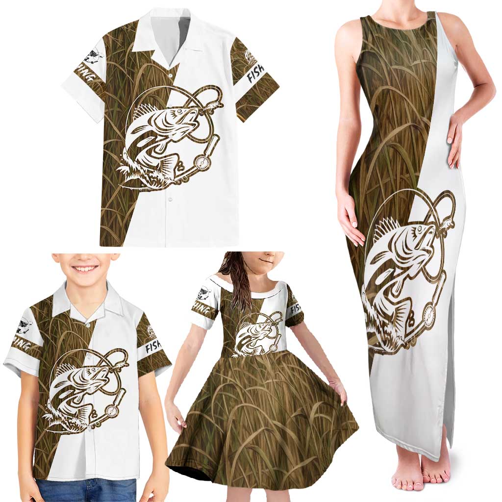 Walleye Fishing Family Matching Tank Maxi Dress and Hawaiian Shirt with Reeds Background and Custom Name Design - Wonder Print Shop