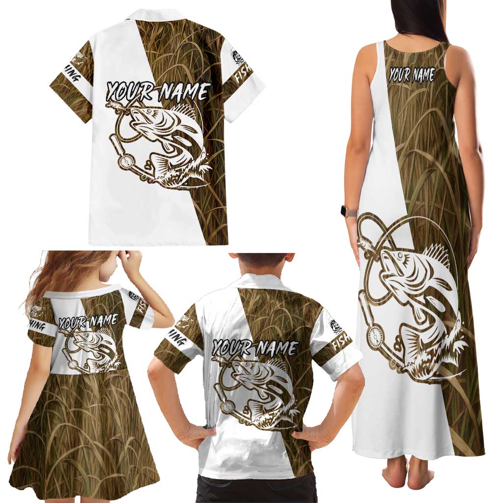 Walleye Fishing Family Matching Tank Maxi Dress and Hawaiian Shirt with Reeds Background and Custom Name Design - Wonder Print Shop