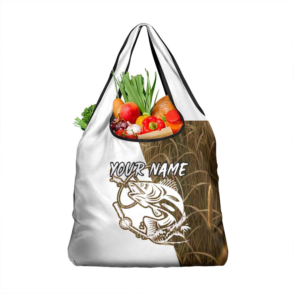 Walleye Fishing Grocery Bag with Reeds Background and Custom Name Design - Wonder Print Shop