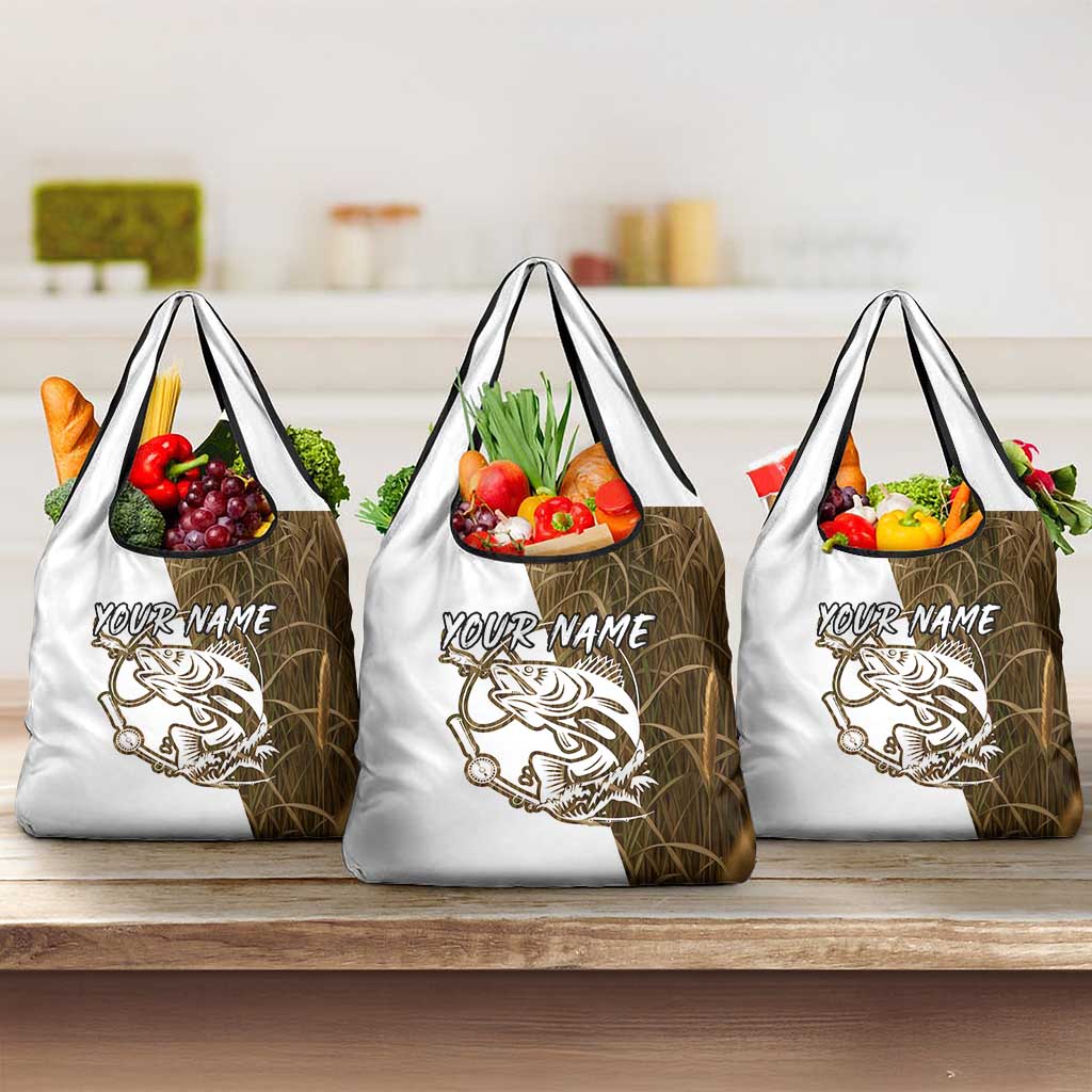 Walleye Fishing Grocery Bag with Reeds Background and Custom Name Design - Wonder Print Shop