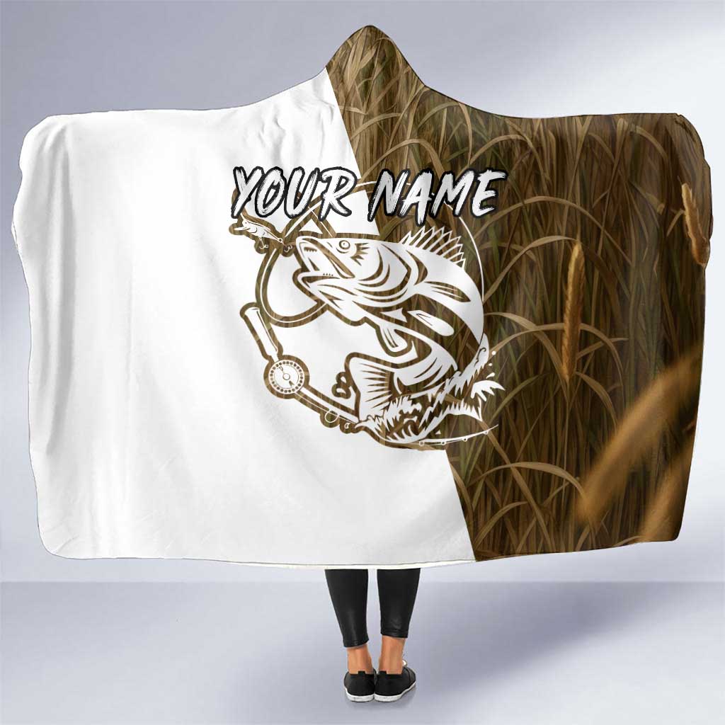 Walleye Fishing Hooded Blanket with Reeds Background and Custom Name Design - Wonder Print Shop