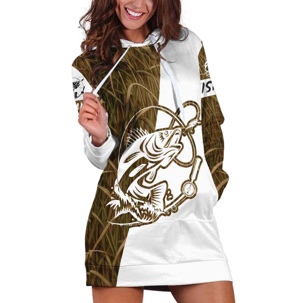 Walleye Fishing Hoodie Dress with Reeds Background and Custom Name Design - Wonder Print Shop