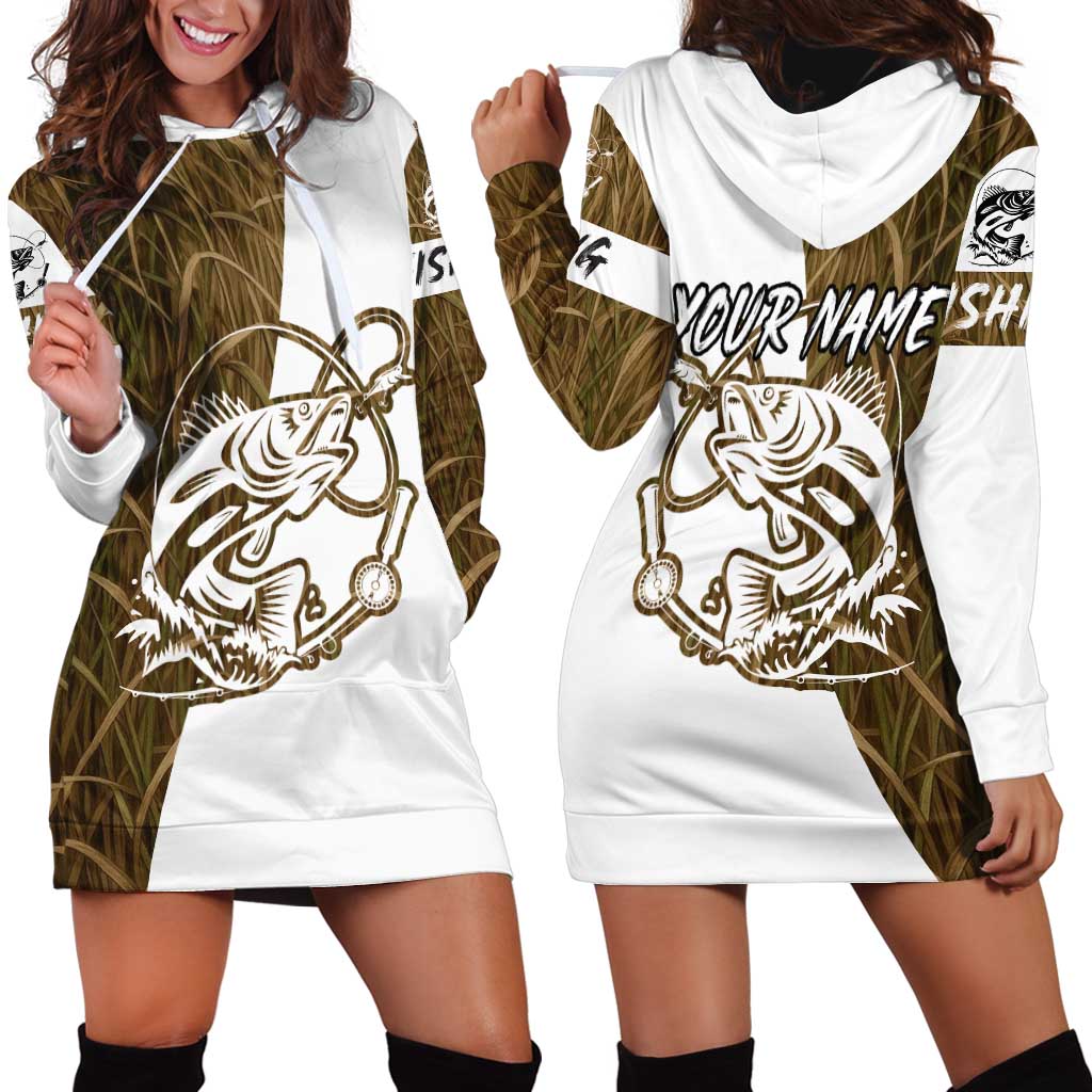 Walleye Fishing Hoodie Dress with Reeds Background and Custom Name Design - Wonder Print Shop