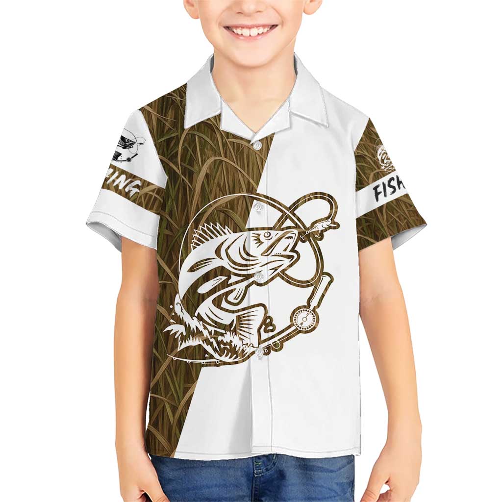Walleye Fishing Kid Hawaiian Shirt with Reeds Background and Custom Name Design - Wonder Print Shop